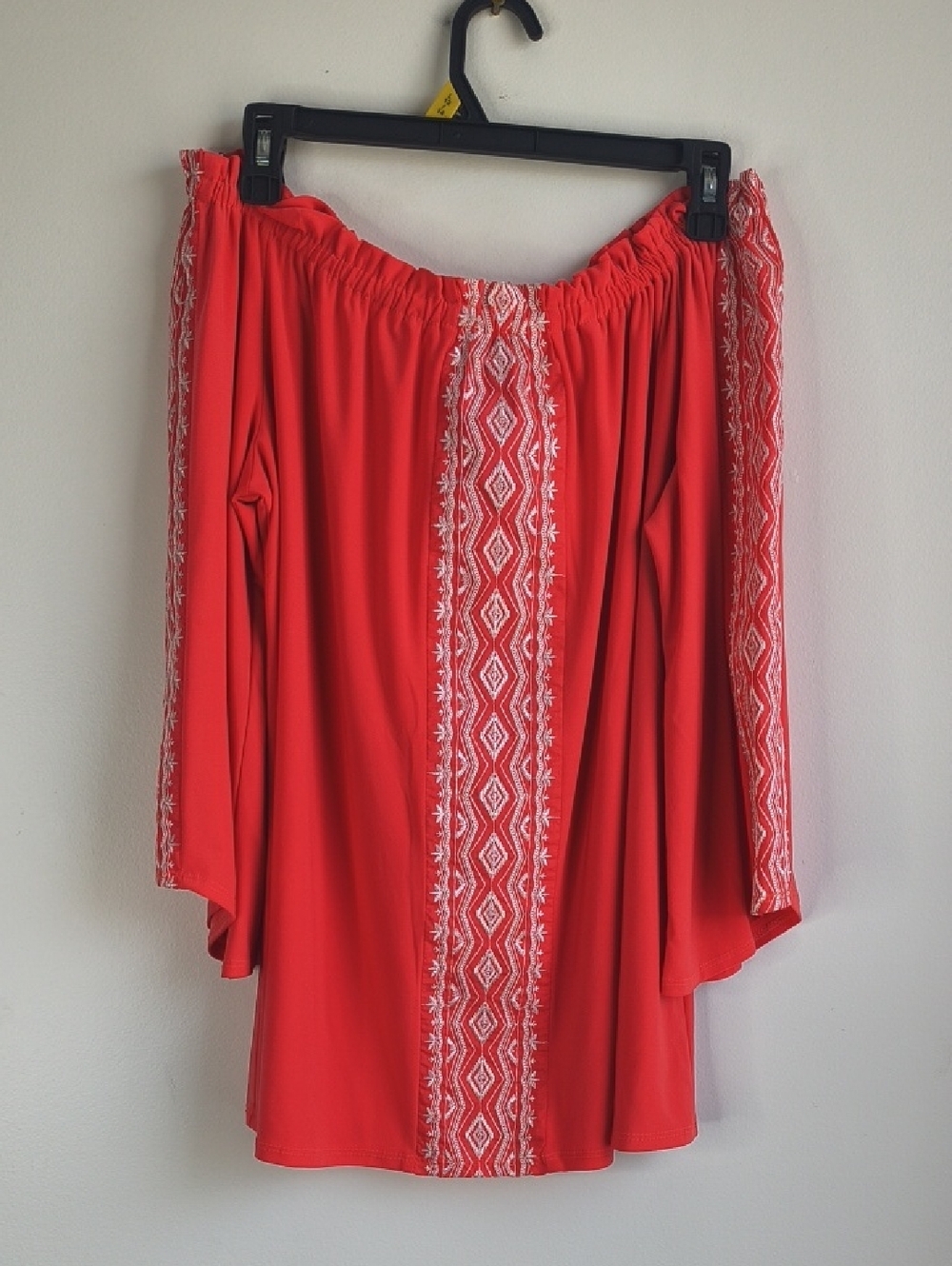 Off-Shoulder Embroidered Tunic in Coral Red